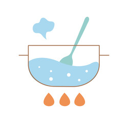 Cooking in pan. Boiling water in cookware, stir liquid with spoon. Step of preparation of food. Infographic, poster or banner for website. Cartoon flat vector illustration