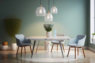 a hip and trendy dining room table with good lighting, subtle turquoise wall, modern decor and a large window
