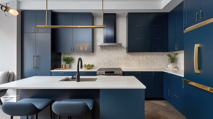 beautiful and ornate modern kitchen with blue cabinets, gold and brass fixtures, tile work and a clean aesthetic