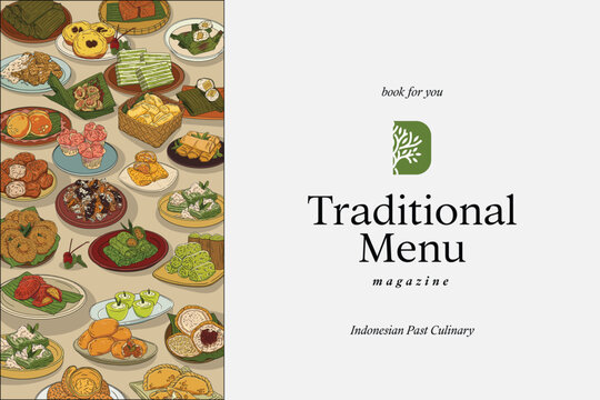 cuisine magazine cover landscape with indonesian traditional food illustration