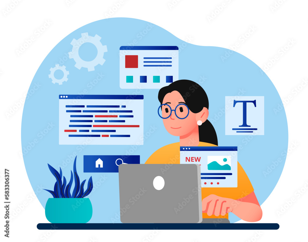 Poster design and programming concept. woman behind laptop develops website page, interface for programs an