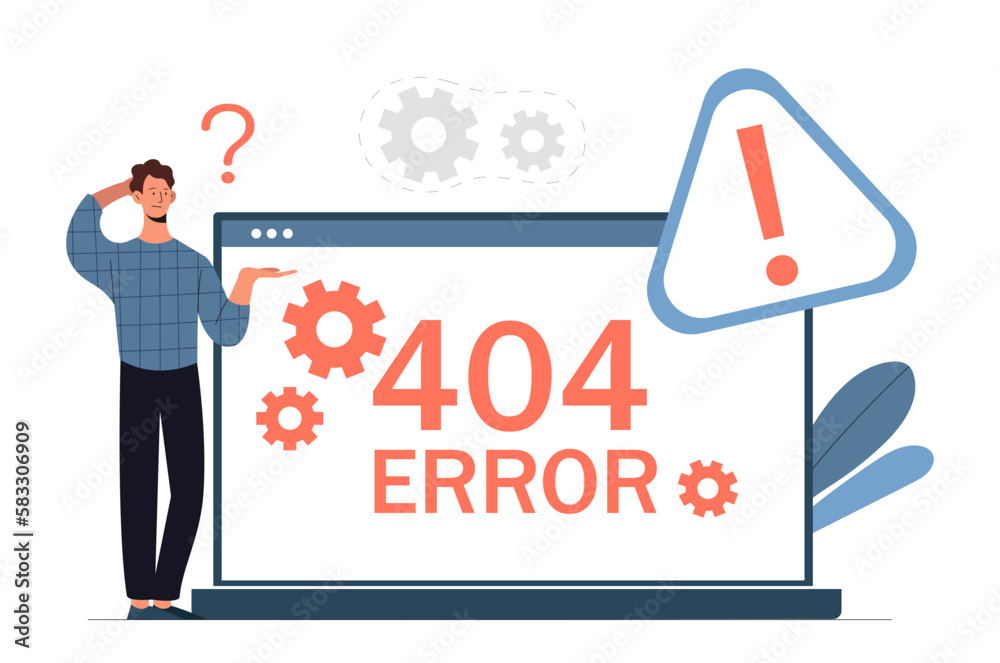 Poster concept of error 404. man standing near laptop with warning sign. error in code and wrong address of