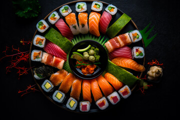 A plate of sushi with a variety of different flavors. Generative AI