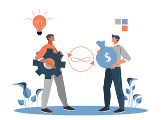 Service exchange concept. Man waiting for gear in exchange for bag of money. Purchase of specialist, mechanism. Bminness negotiations and trade, financial literacy. Cartoon flat vector illustration