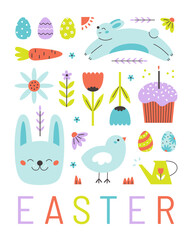 Modern Easter themed poster design. Colorful flat geometric vector illustration.
