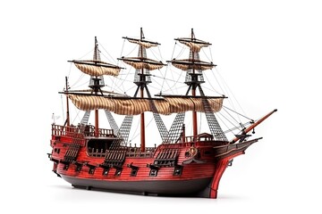 Naklejka premium 16th century red ship isolated on white background. This ship is made from high-quality materials such as wood, plastic, or metal and is crafted to scale, with accurate proportions and dimensions.