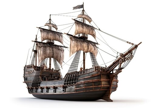 16th century black Pirate ship isolated on white background. A model of a pirate ship miniature replica of a classic pirate vessel, featuring intricate details and realistic design elements.