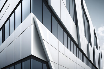 White aluminum composite panels are used in an office building. a glass and metal facade wall. current corporate architecture that is abstract