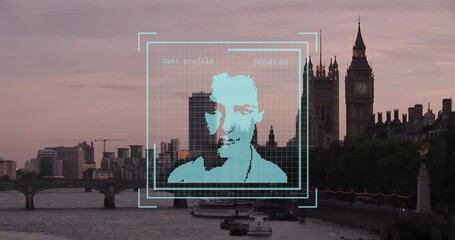 Animation of financial data processing over biometric photo and london cityscape - Powered by Adobe