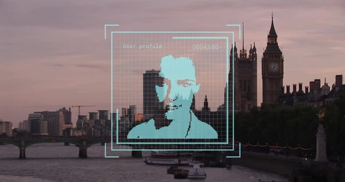 Animation of financial data processing over biometric photo and london cityscape