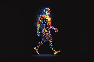Obraz na płótnie Canvas Human body in motion formed by healthy food on dark background. Generative AI.