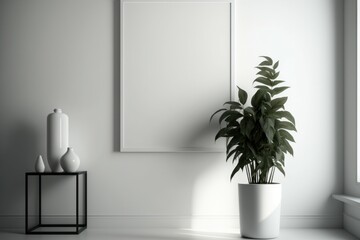 Mockup poster frame on the wall of living room. Modern interior design. Background with selective focus. AI generated
