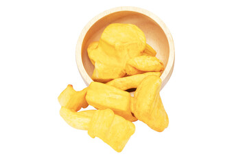 Dried Butter Roasted Jackfruit. Close up of a pile of dried jackfruit in wooden Square shape overflow cup for a snack chips. Food preservation concept popular in Thailand. isolated on cut out PNG.