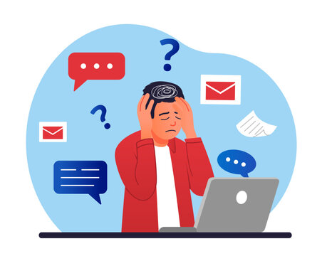 Information overload concept. Man sitting at laptop and holding his head with his hands. Migraine and headache, overworked employee. Emotional burnout and stress. Cartoon flat vector illustration