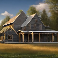 Obraz premium a farmhouse under construction with a unfinished porch and bare windows1, Generative AI