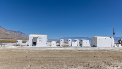 Modern pumping station at Owens lake in California against blue sky.