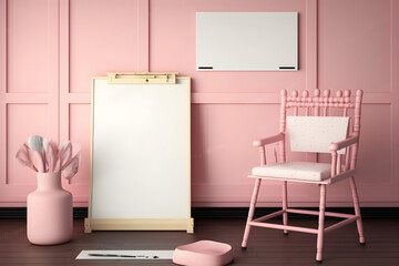 Drawing board and chair in pink child room interior for mockup