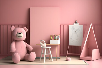 Drawing board and chair in pink child room interior for mockup