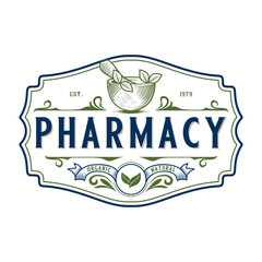 pharmacy vintage vector logo. illustration of herbal leaves of mortar and pestle for pharmacies, medicine and herbal shops.
