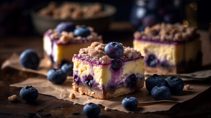 Naklejka na ściany i meble Fruity and Delicious: Blueberry-Filled Crumble Cheesecake Bars That Will Leave You Wanting More