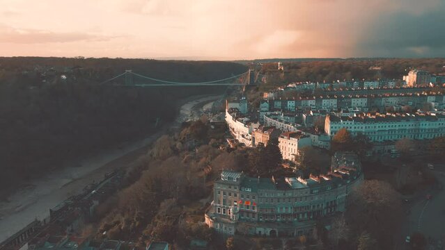 Aerial drone shot of Clifton Suspension Bridge in the Avon Gorge, Bristol, UK