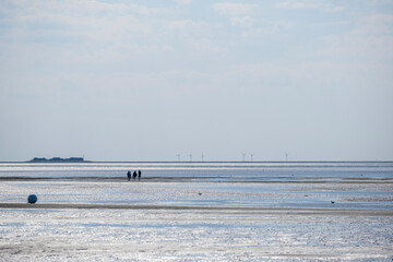Wadden Sea.Silhouettes of people on the beach.Fer Island.Frisian Islands of Germany. walking on...