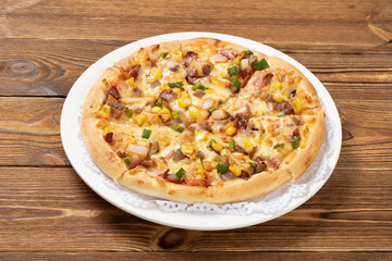 angle view fresh pizza with BBQ pork toppings