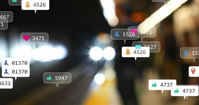 Animation of notification labels over blurred train arriving at subway station