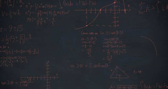 Animation of mathematical equations and drawings over blackboard