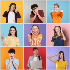 Photos of teenagers on different color backgrounds, collage