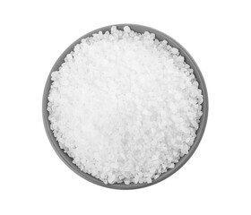 Natural sea salt in grey bowl isolated on white, top view