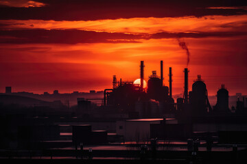 Fototapeta na wymiar A city skyline with factories and smokestacks silhouetted against a blood-red sunset, generative ai