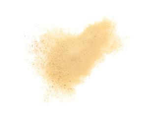 Pile of brown dust scattered on white background, top view