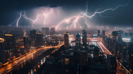 Fototapeta premium Thunderstorm. Lightning strikes in the city