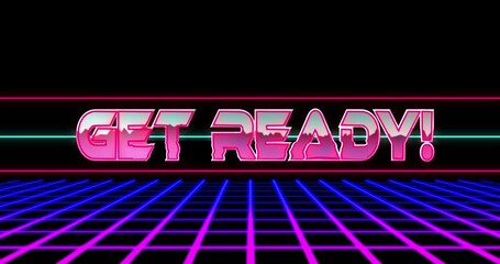 Animation of get ready text over neon lines and pattern - Powered by Adobe