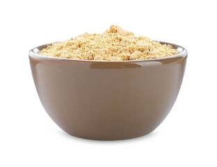Aromatic mustard powder in bowl on white background