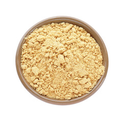 Aromatic mustard powder in bowl on white background, top view
