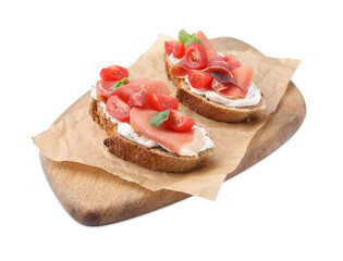 Tasty bruschettas with prosciutto, tomatoes and cheese on white background