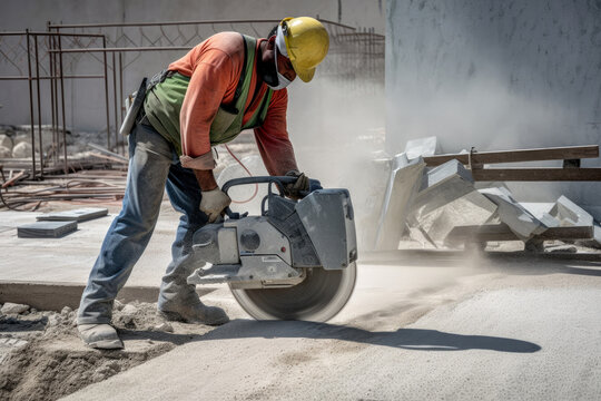 A Construction Worker Using a Concrete Saw to Cut Concrete in a Construction Site, generative ai