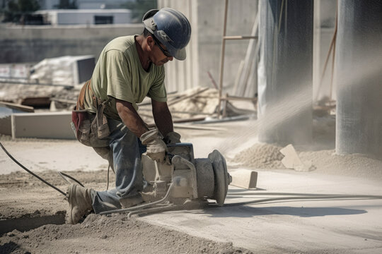 A Construction Worker Using a Concrete Saw to Cut Concrete in a Construction Site, generative ai