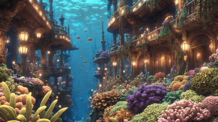 Landscape of an underwater habitat surrounded by the coral reef - AI Generated Illustration