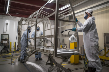 Fototapeta premium A Group of Workers Applying Paint on a Metal Structure in a Manufacturing Plant, generative ai