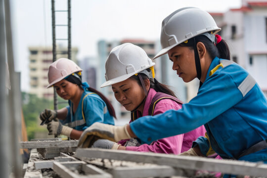 A group of female workers in hard hats constructing a building with precision and expertise, generative ai