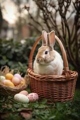 Easter bunny in the Basket with Easter eggs in the garden