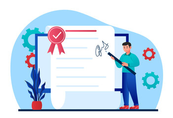 Signing document online. Man with pencil leaves electronic signature on document. Negotiations on Internet and conclusion of deal. Legal agreement or contract. Cartoon flat vector illustration