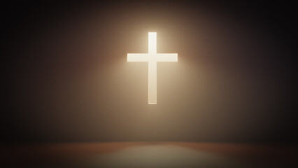 Shining cross on the wall with warm yellow rays of light - 3D illustration