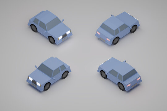 Orthographic low polygon car - on a grey surface - view from top