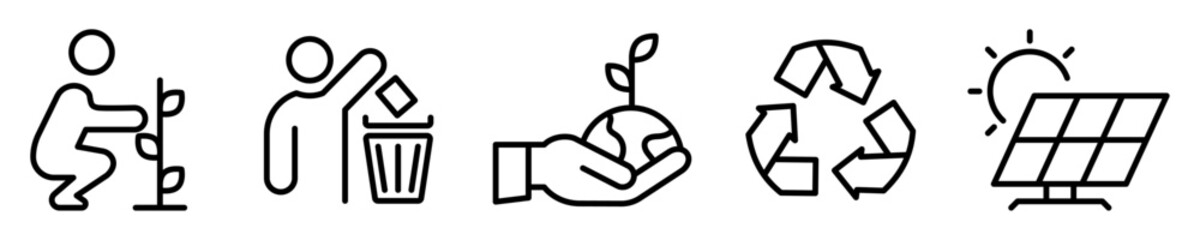 Conjunto de iconos de cuidado del medio ambiente. Plantar árboles, reutilizar, conectar con la naturaleza, separar la basura, reciclar, energía renovable. Ilustración vectorial © Frank