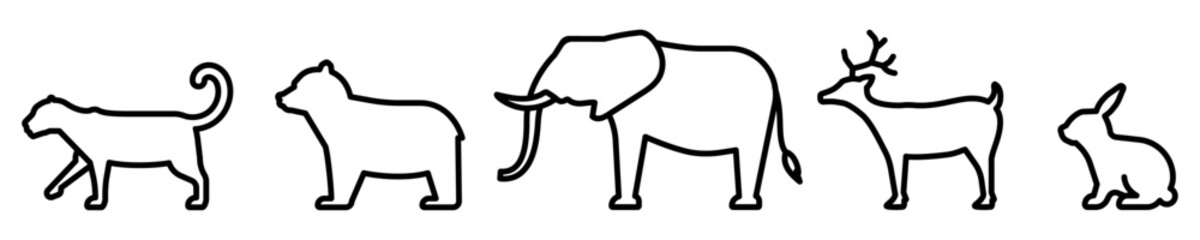 Conjunto de iconos de animales silvestres. Animales de vida salvaje. Jaguar, oso, elefante, ciervo, conejo. Ilustración vectorial © Frank