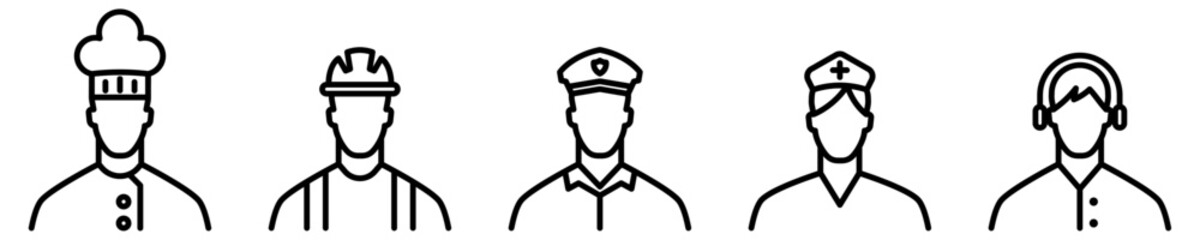 Conjunto de iconos de profesiones. Cocinero, arquitecto, policía, enfermera, operador. Ilustración vectorial